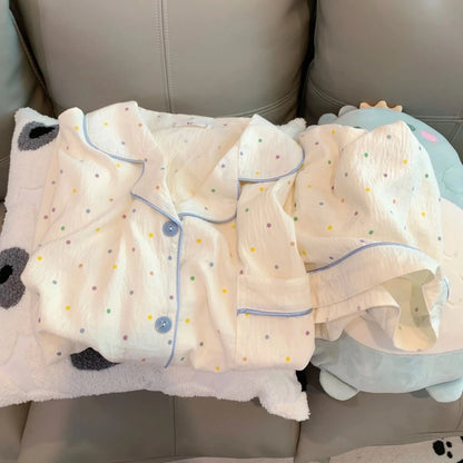 Cute Polka Dot Pajama Set with Blue Trim
