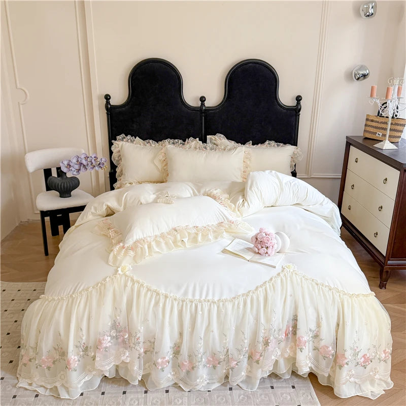 Coquette Dreamy Princess Lace Floral Embroidery Bedding Set