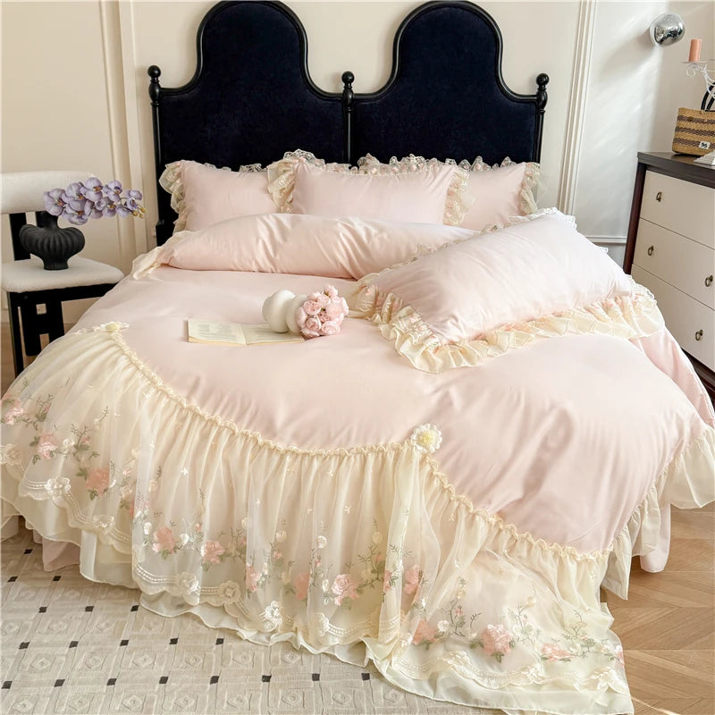 Coquette Dreamy Princess Lace Floral Embroidery Bedding Set