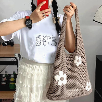 Sweet Flower Knitted Tote Bag