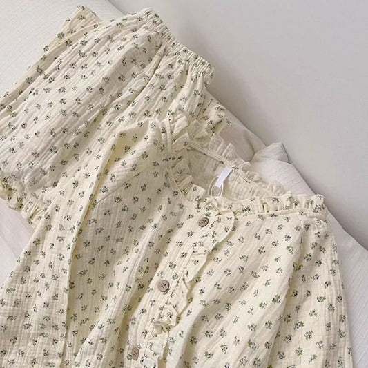 Coquette Soft Floral Ruffled Two-Piece Pajama Set