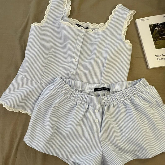 Striped Women’s Sleeveless Pajama Set with Lace Trim Summer Homewear