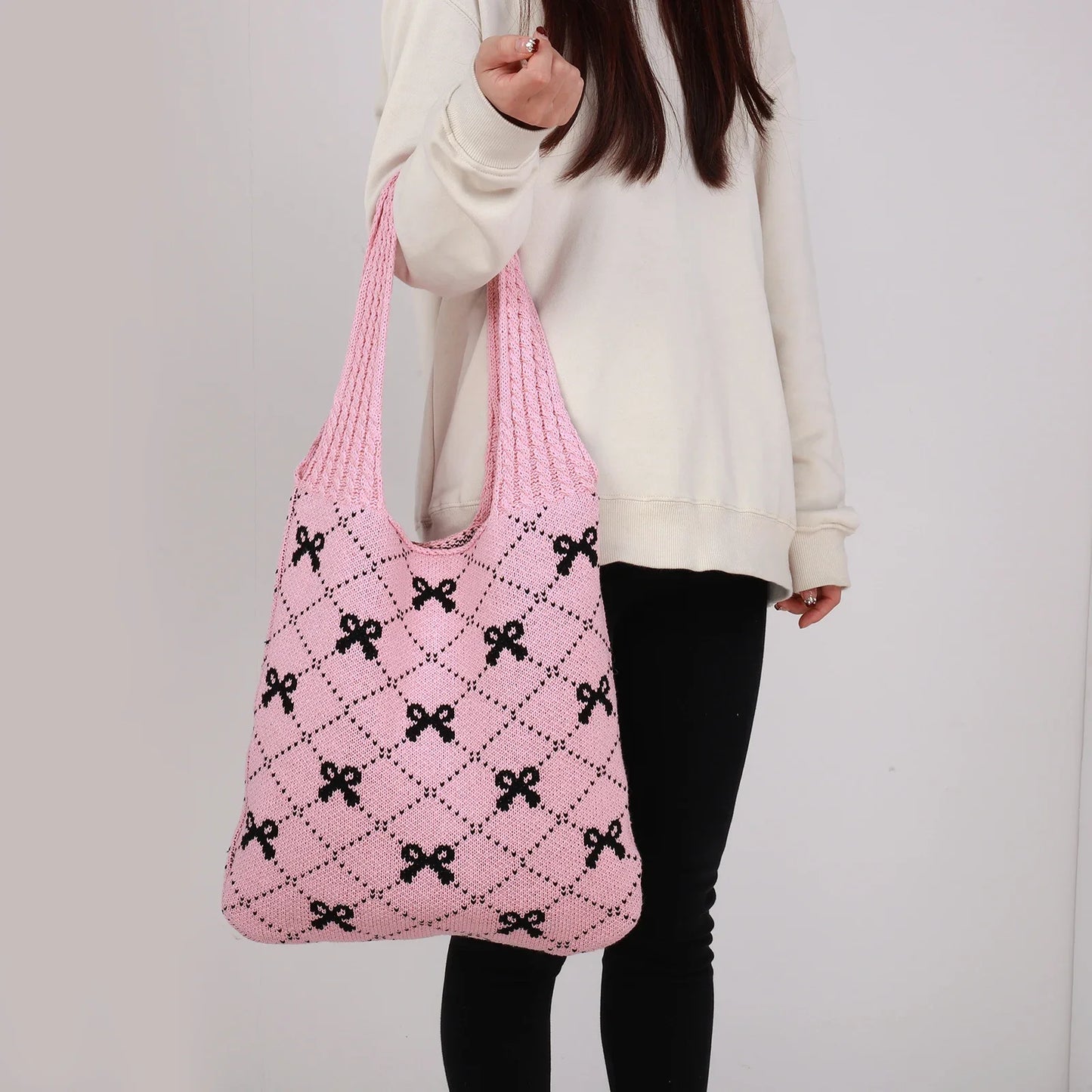 Charming Bow Knit Crochet Tote Bag