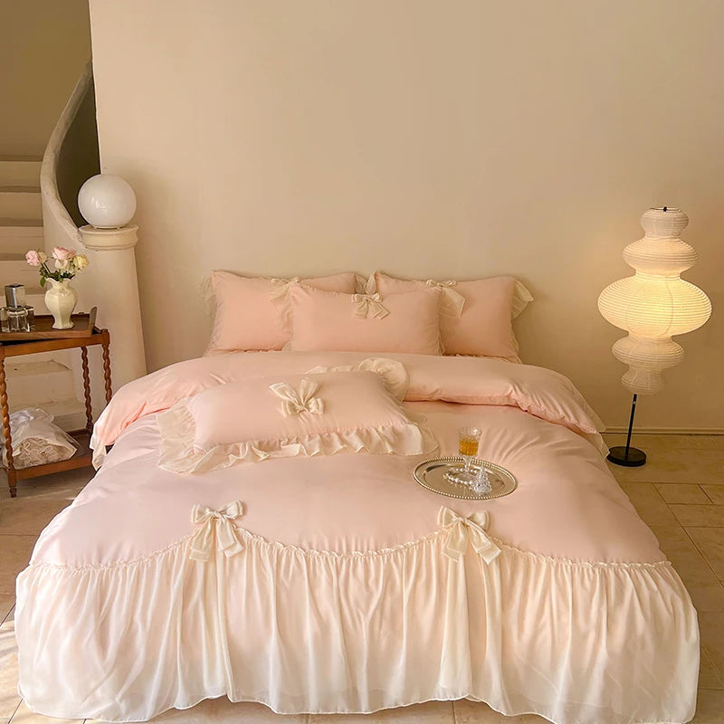 Coquette Blue Ruffle Lace Bow Bedding Set