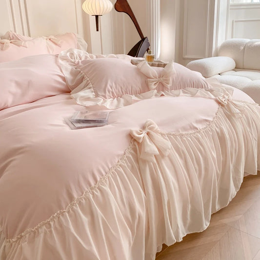 Coquette Aesthetic Princess Pink Ruffle Microfiber Bedding Set (4 Pieces)