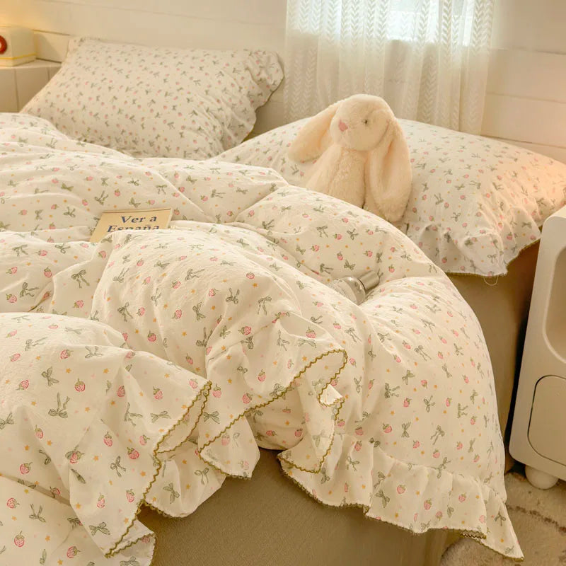 Coquette INS Princess Style Ruffle Lace Bow Bedding Set
