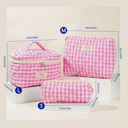 Cute Quilted Cotton Makeup Bag - Portable Zipper Cosmetic Organizer for Women and Girls