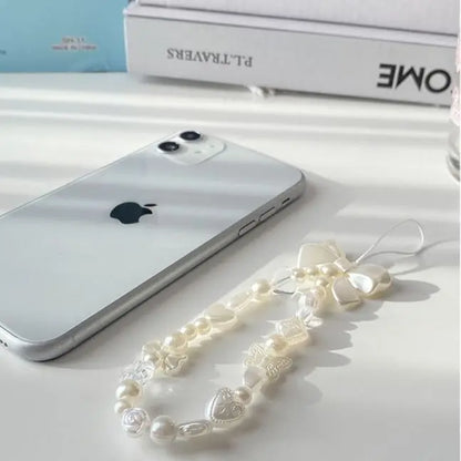 Coquette Sweet White Bow Beaded Phone Charm Lanyard