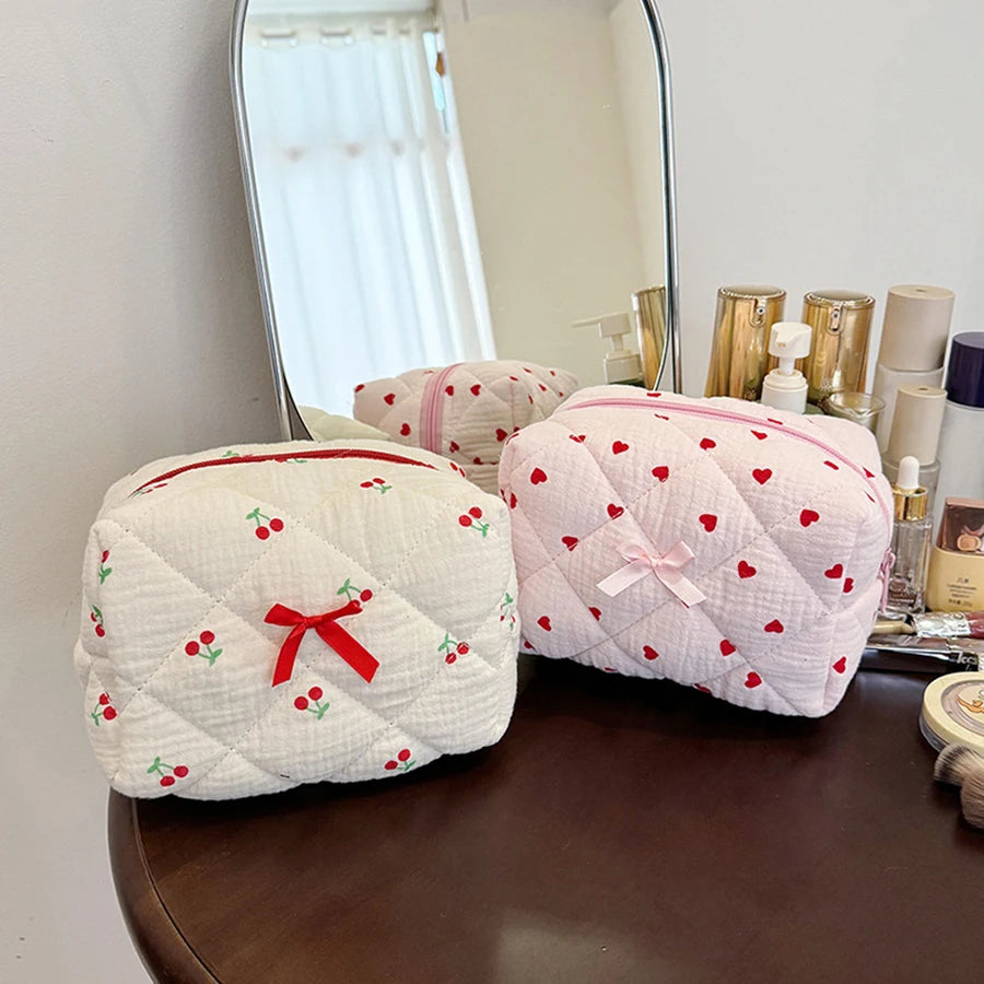 Quilted Cotton Cosmetic Bag with Floral Embroidery
