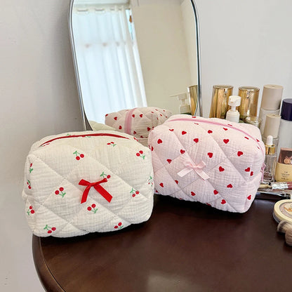 Quilted Cotton Cosmetic Bag with Floral Embroidery