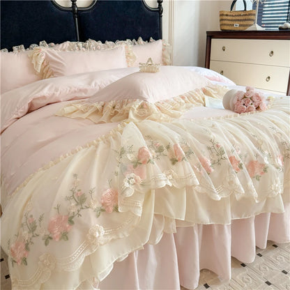 Coquette Dreamy Princess Lace Floral Embroidery Bedding Set