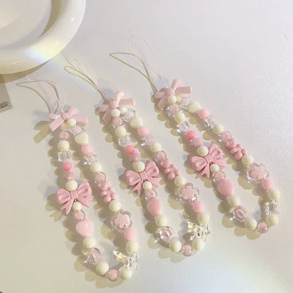 Coquette Pink Bowknot Beaded Phone Strap Set
