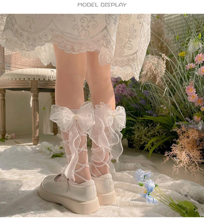 Coquette Sweet Lace Bow Ribbon Calf Socks