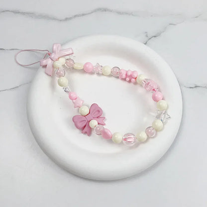 Coquette Pink Bowknot Beaded Phone Strap Set