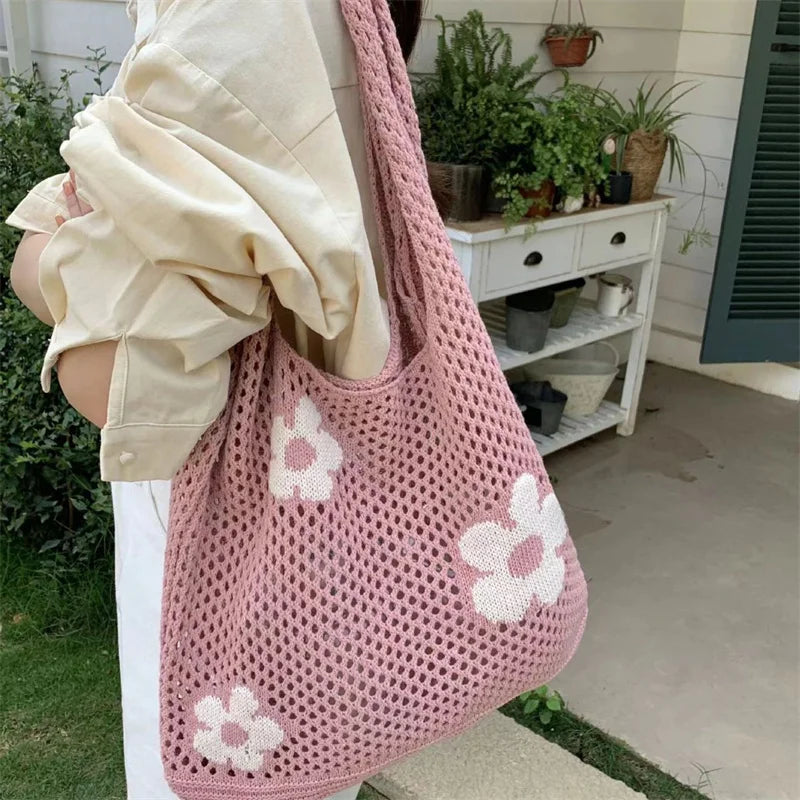 Sweet Flower Knitted Tote Bag