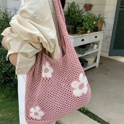 Sweet Flower Knitted Tote Bag