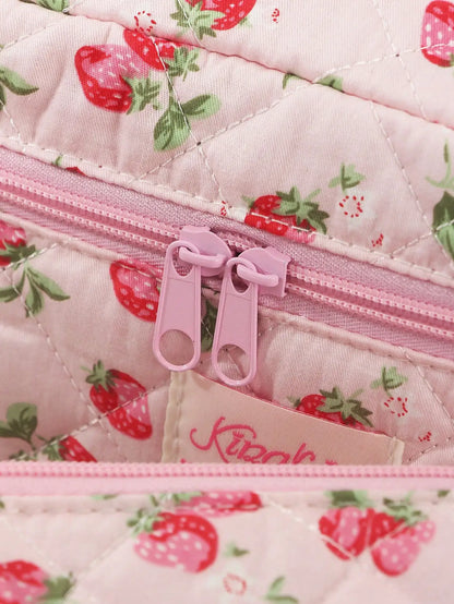 Coquette Pink Strawberry Quilted Makeup Bag