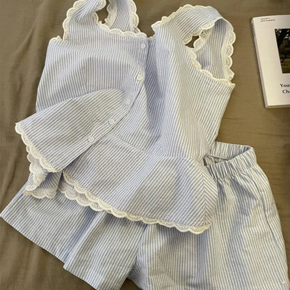 Striped Women’s Sleeveless Pajama Set with Lace Trim Summer Homewear