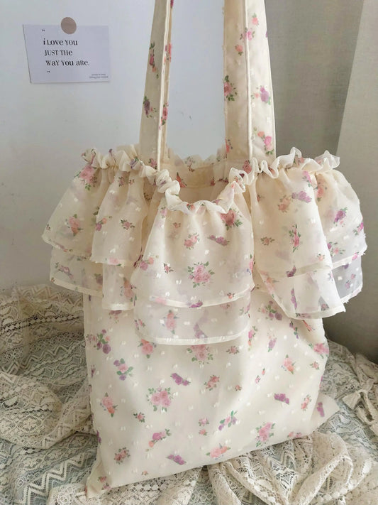 Miyagawa Floral Ruffled Edge Tote Bag – Large Capacity & Stylish Design