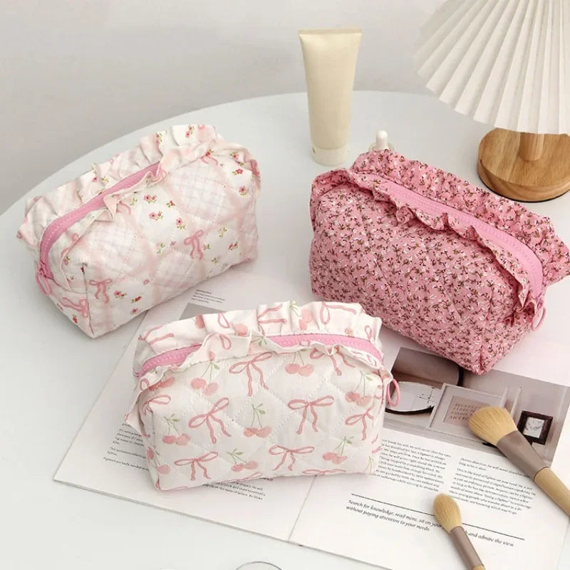 Coquette Floral Quilted Makeup Pouch Set