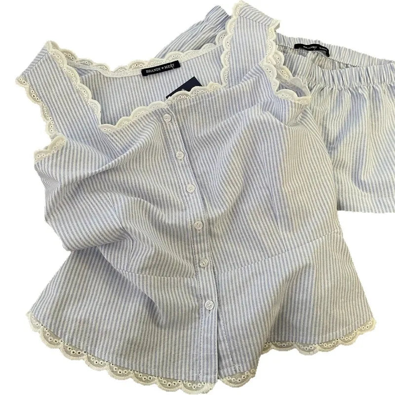 Striped Women’s Sleeveless Pajama Set with Lace Trim Summer Homewear