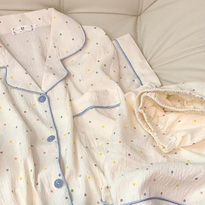 Cute Polka Dot Pajama Set with Blue Trim