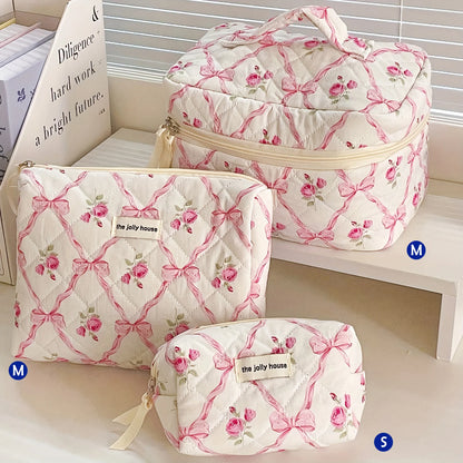 Cute Quilted Cotton Makeup Bag - Portable Zipper Cosmetic Organizer for Women and Girls