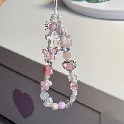 Coquette Pink Heart & Butterfly Beaded Phone Strap Charm