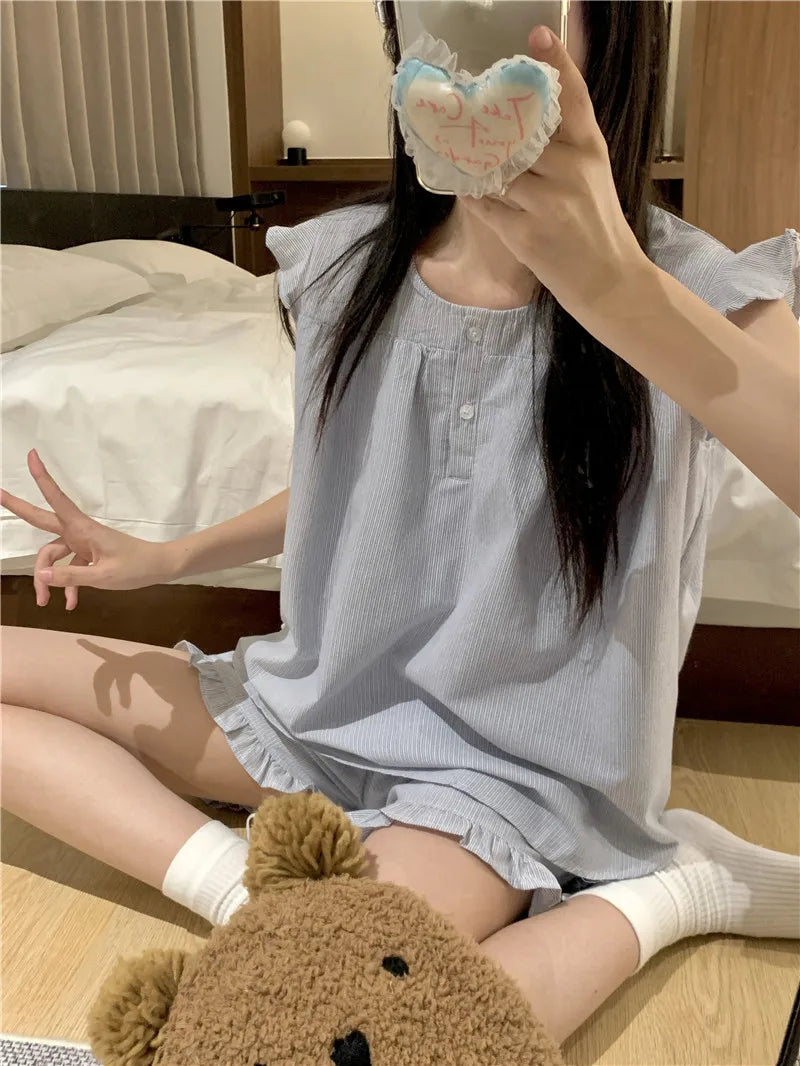 Soft Striped Sleeveless Pajama Set with Ruffle Sleeves