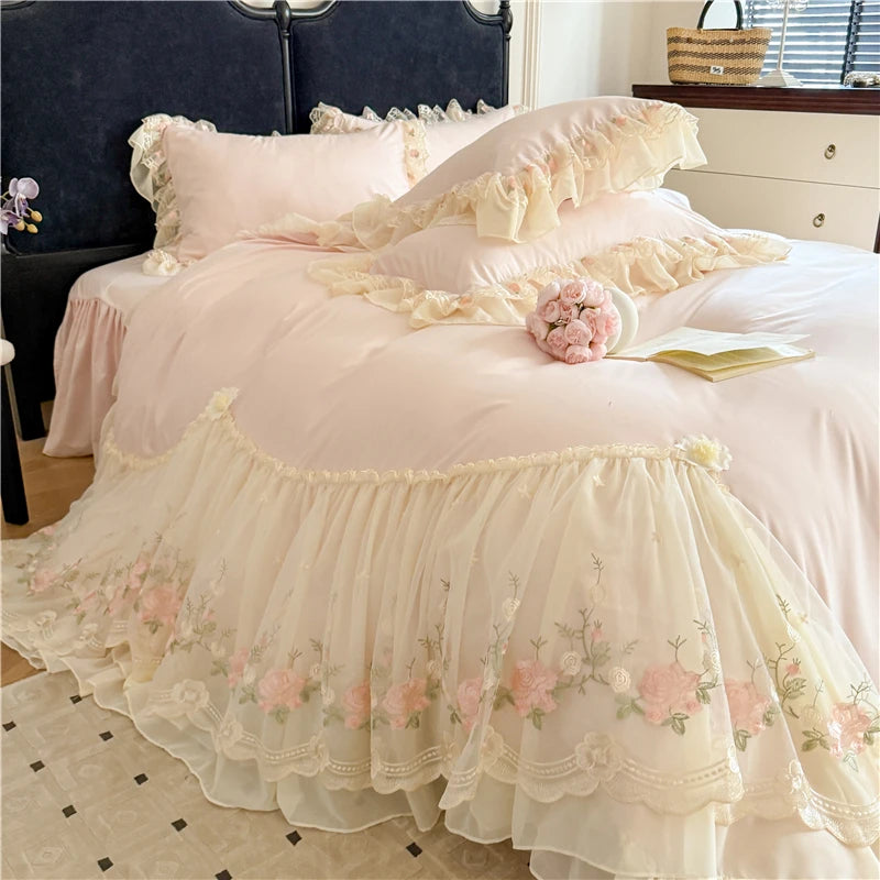 Coquette Dreamy Princess Lace Floral Embroidery Bedding Set