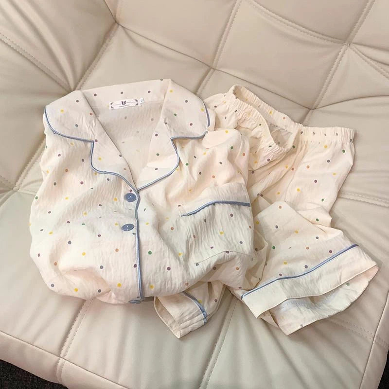 Cute Polka Dot Pajama Set with Blue Trim