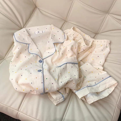 Cute Polka Dot Pajama Set with Blue Trim