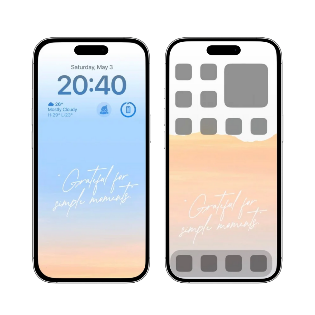 A calming pastel wallpaper with a gradient of soft blue and warm peach, featuring the text "Grateful for Simple Moments." This minimalist design enhances any device with a serene and inspirational touch.