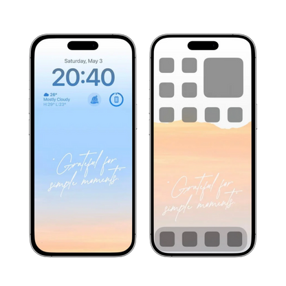 A calming pastel wallpaper with a gradient of soft blue and warm peach, featuring the text "Grateful for Simple Moments." This minimalist design enhances any device with a serene and inspirational touch.