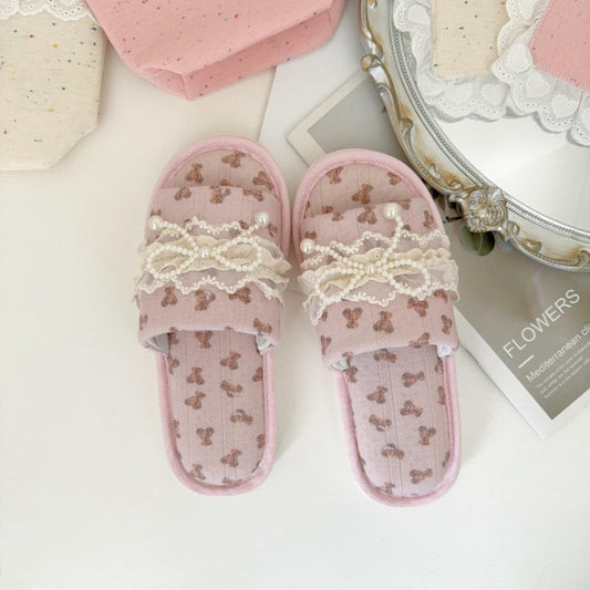 Coquette Teddy and Pearly Lace Bows Slippers