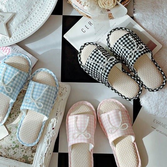 Coquette Vintage Check with Pearly Ribbon Slippers