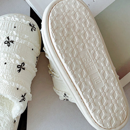 Coquette Ribbon Kisses on Cream Clouds Cotton Slippers