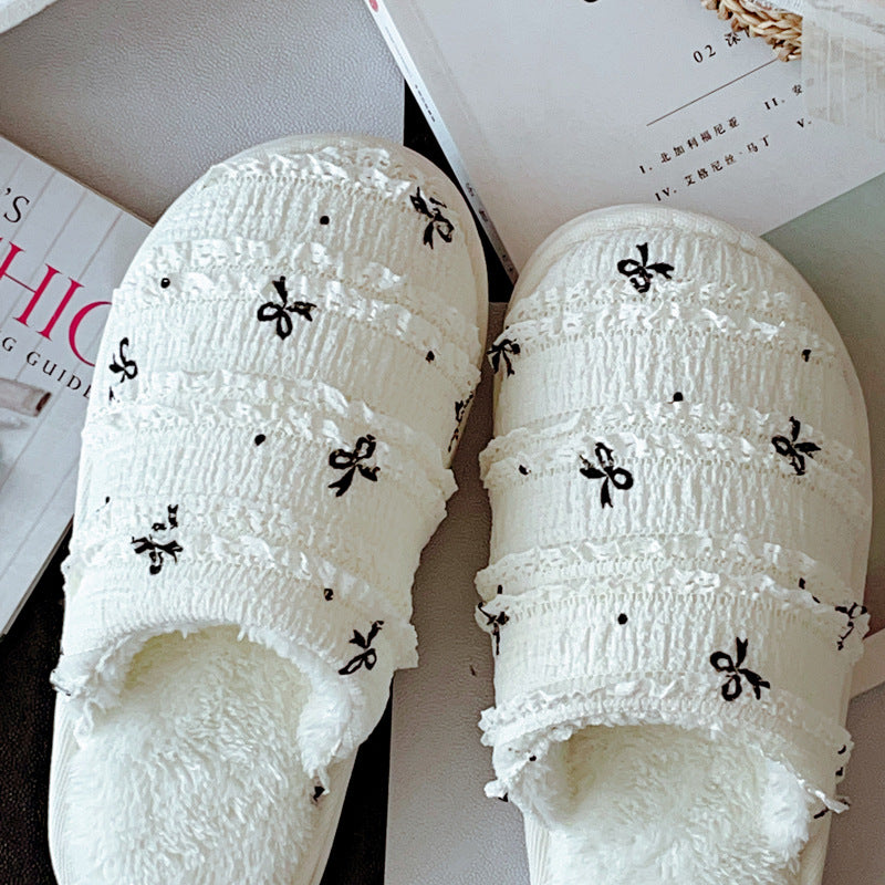 Coquette Ribbon Kisses on Cream Clouds Cotton Slippers