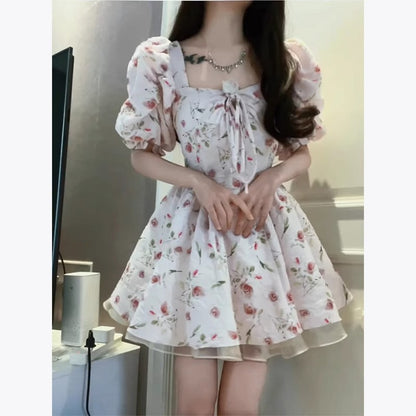 Coquette Square Neck Puff Sleeve Floral Dress