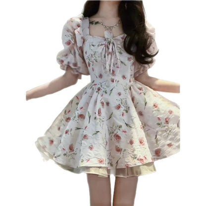 Coquette Square Neck Puff Sleeve Floral Dress