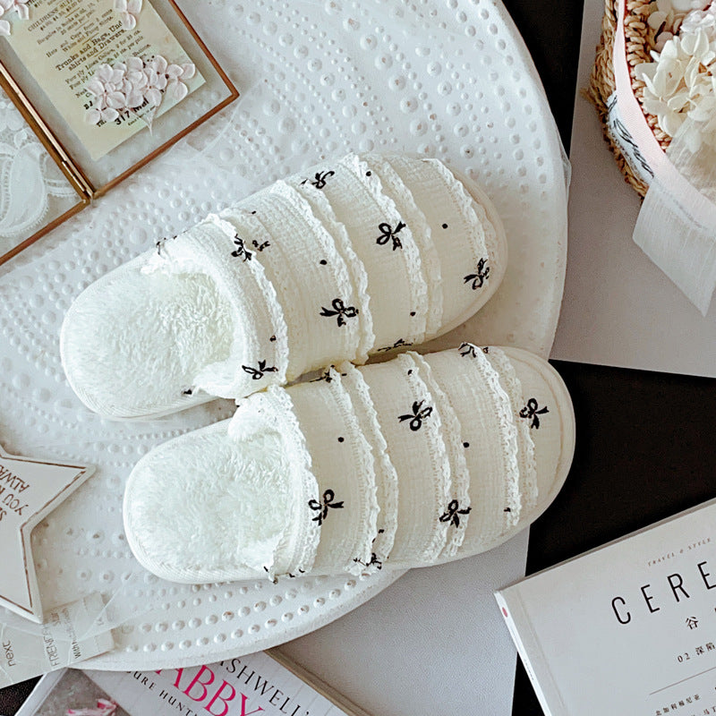 Coquette Ribbon Kisses on Cream Clouds Cotton Slippers