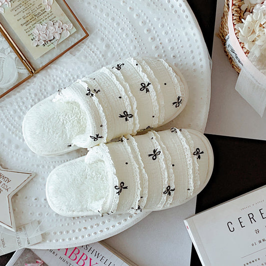 Coquette Ribbon Kisses on Cream Clouds Cotton Slippers